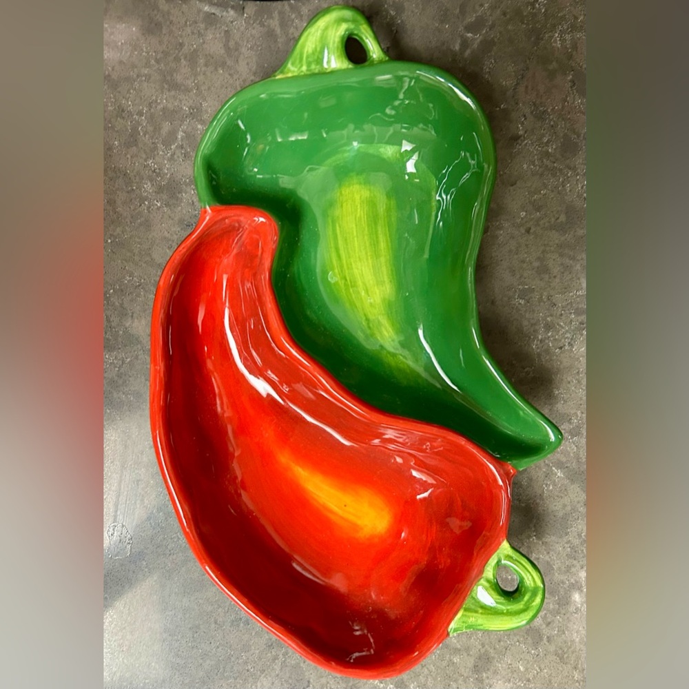 Certified International red/green chili peppers, ceramic, divided dish.